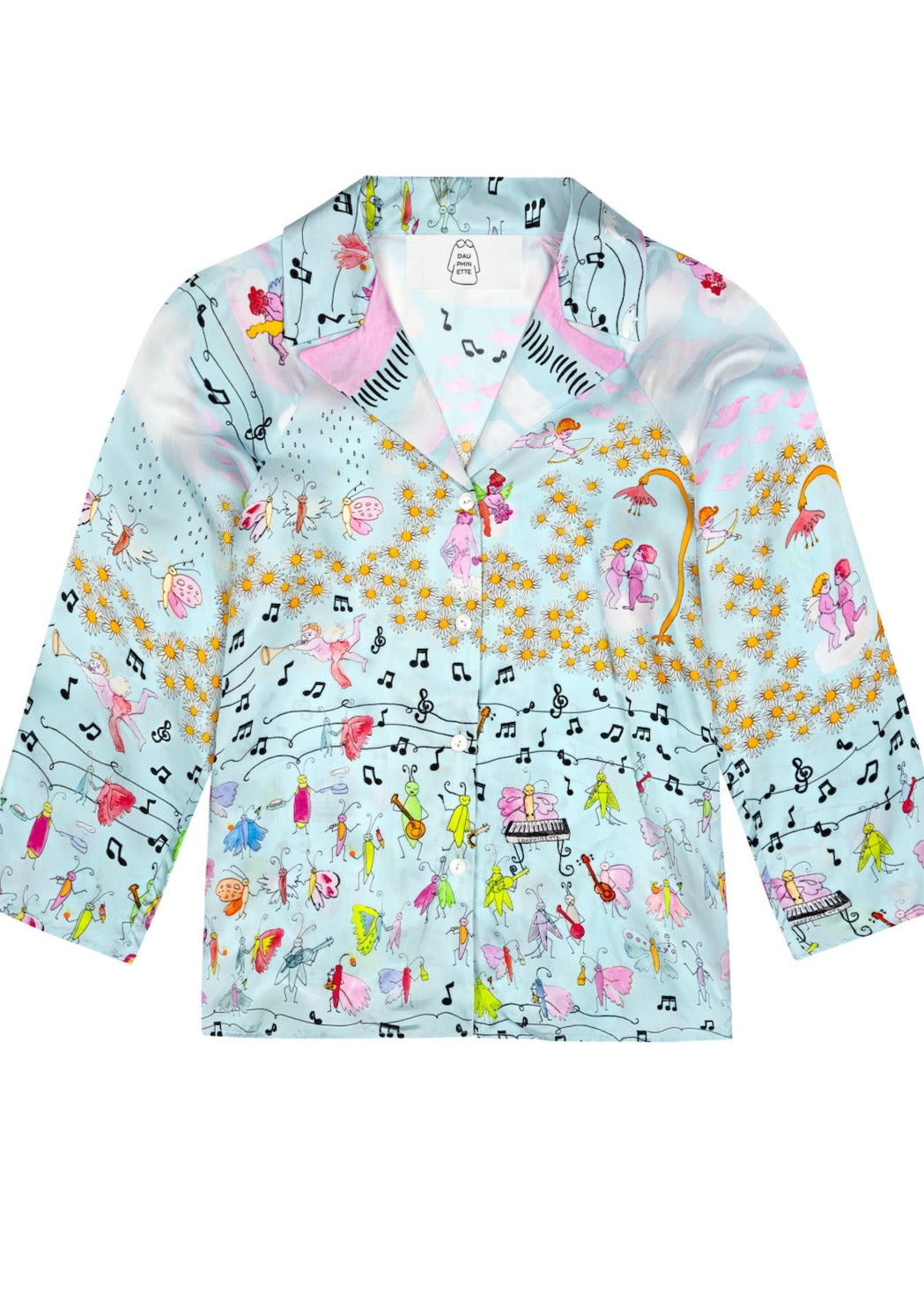 Relax into angelically soft viscose, printed in our SS22 Bad Girls Go to Heaven print. Dotted with cheerful daisies and music notes, our dancing bugs and high-flying cherubs