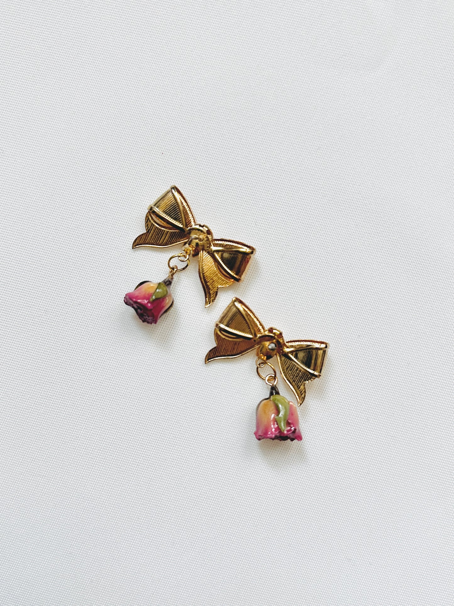 Rosebud Bow Drop Earrings (Upcycled)