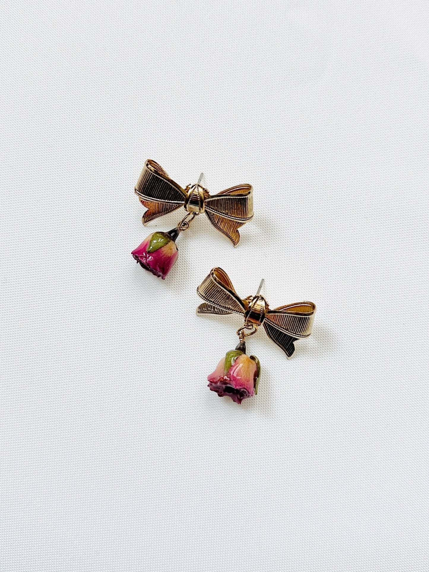 Rosebud Bow Drop Earrings (Upcycled)