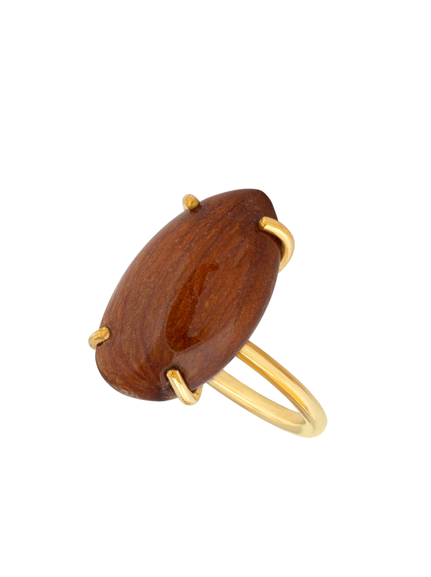 Almond preserved in resin on gold ring band.